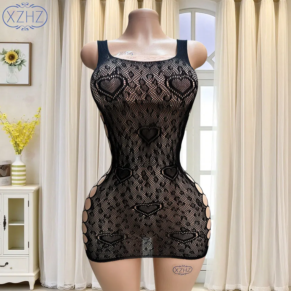 Women Sleeveless Heart Pattern Fishnet Mini Dress Hollow Out Side See Through Mesh Bodycon Nightwear