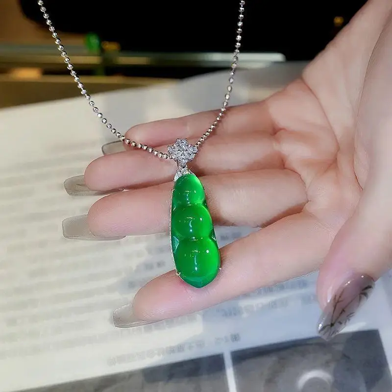 chalcedony lucky bean necklace  collarbone chain for women  genuine spinach green agate pendant