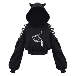 Women Long Sleeve Hoodies Kawaii Cat Ears Hoodie Gothic Punk Harajuku Cold Shouler Bandage Gothic Black Sweatshirts 2022