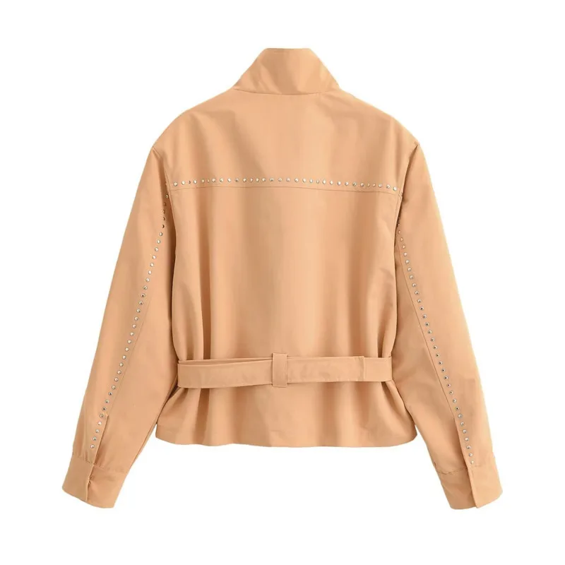 ANJY Spring Autumn New Women Fashion Vintage Rivet Design Sashes Patchwork Jacket Stylish Loose Casual Stand Collar Coats A24552