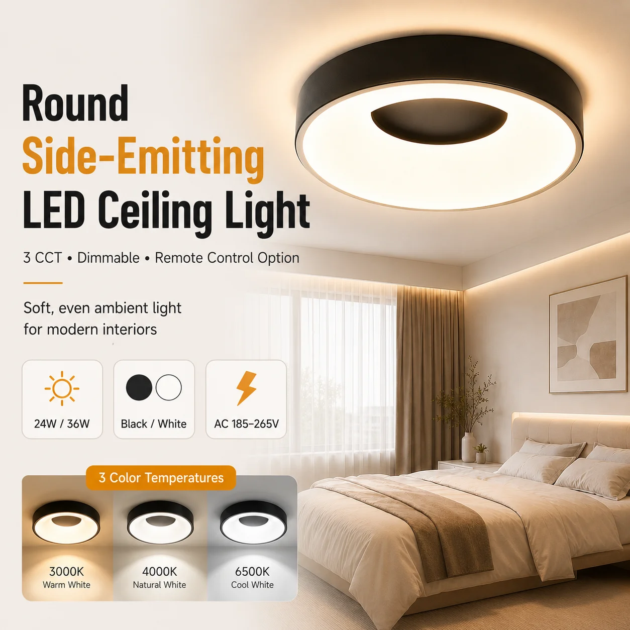Smart Ceiling Light Remote Control 3 Colors LED Dimming Lighting Indoor for Living Room Iron Frame Kitchen Panel Ceiling Lamp