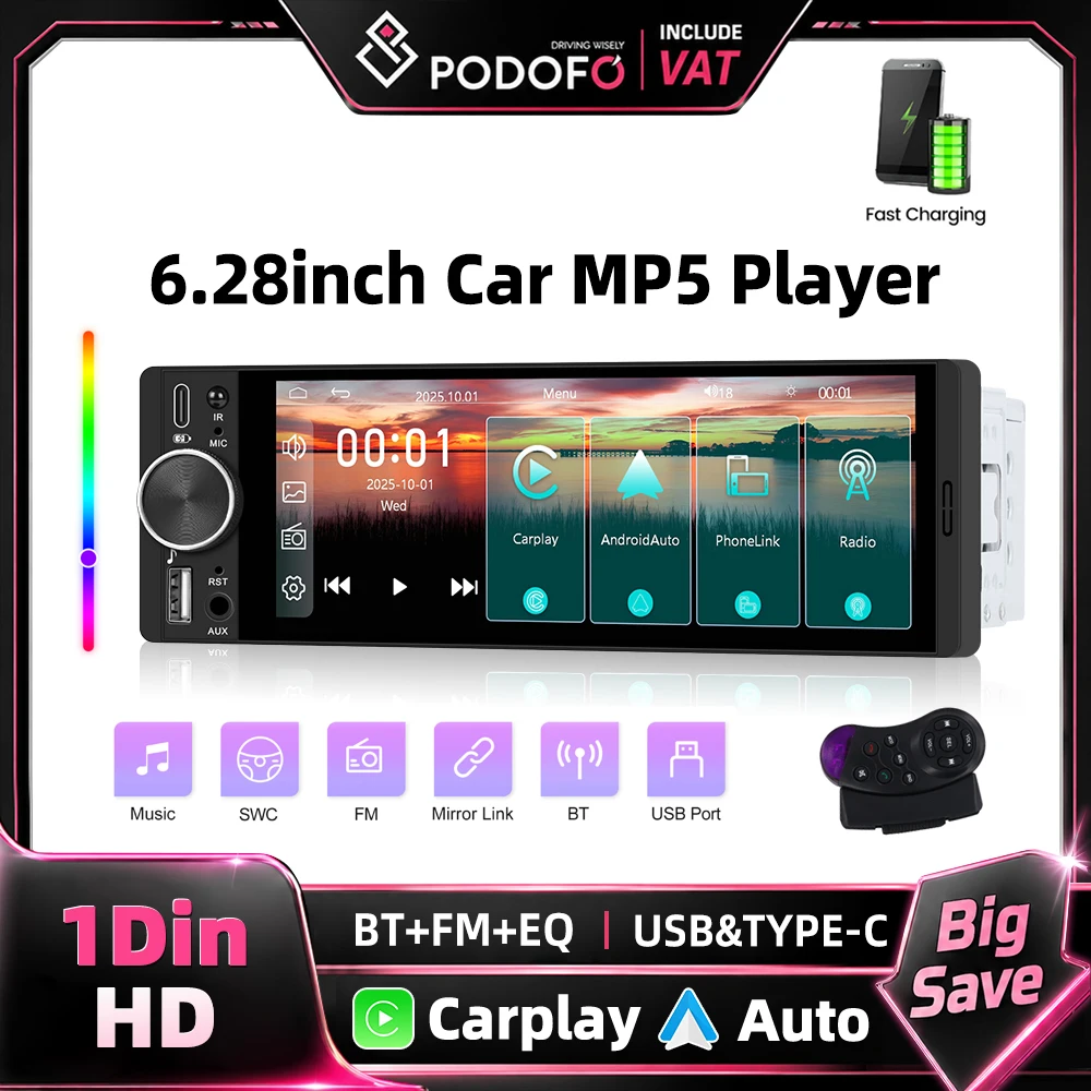 Podofo 6.28 cala 1 Din Uniwersalne Radio Samochodowe MP5 Bezprzewodowy Carplay Android Auto Mirror Link HD 1280*452 Ekran Dotykowy BT USB AUX EQ Odtwarzacz Multimedialny Sterowanie Kierownicą Obsługa