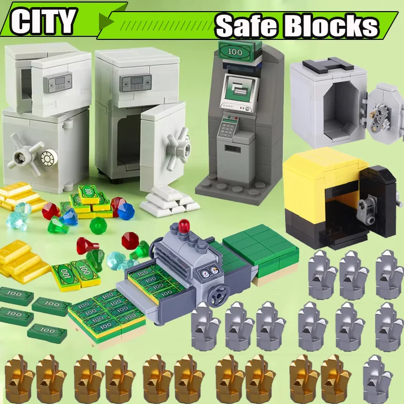 

MOC City Strongbox Safe Box Building Blocks ATM Money Jewelry Sets Gold Ore Diamonds Purses Treasure Accessories Bricks Toy Gift