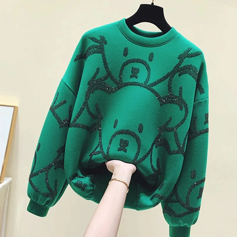 New Blue Bear Sequins Casual Solid O-Neck Long Sleeve Women\'s Hooded Sweatshirts Pullover Korean Fashion Female Hoodies Autumn