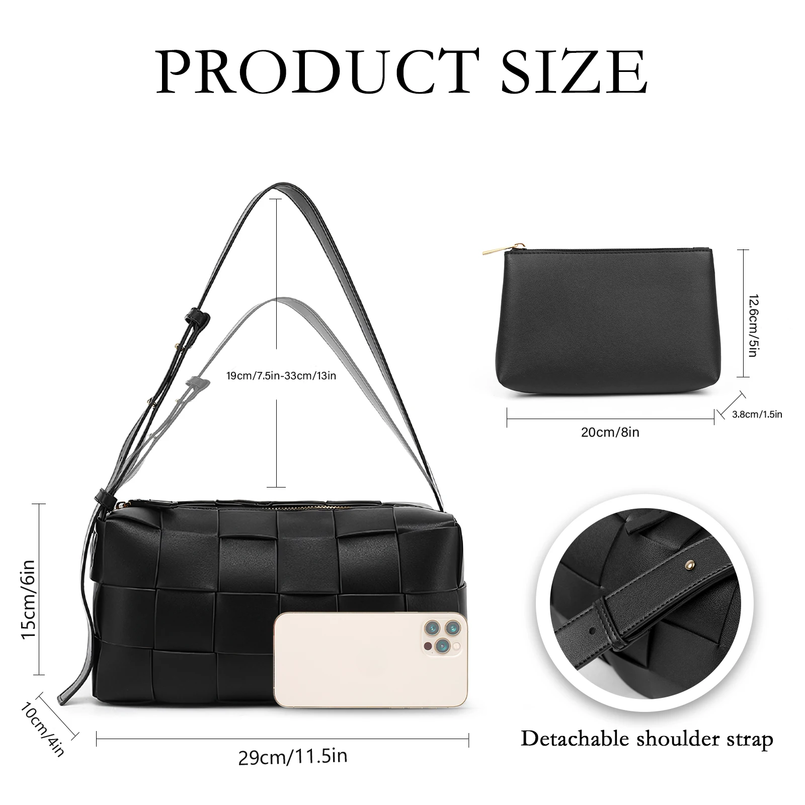 Women\'s Bag Set Square Leather Knit Shoulder Bags Female Large Capacity Handbag Crossbody Bags Black Tote Bag With Purse