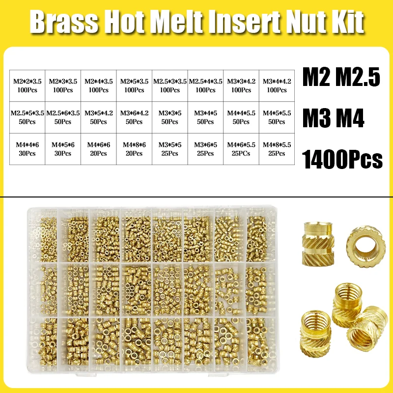 Messing-Einsatzmutter-Set mit Gewinde M2 M2,5 M3 M4 M5 M6 M8 Hot Melt Heat Rändel Embed Injection Kupfer-Einsatzmutter für 3D-Druck-Kunststoff