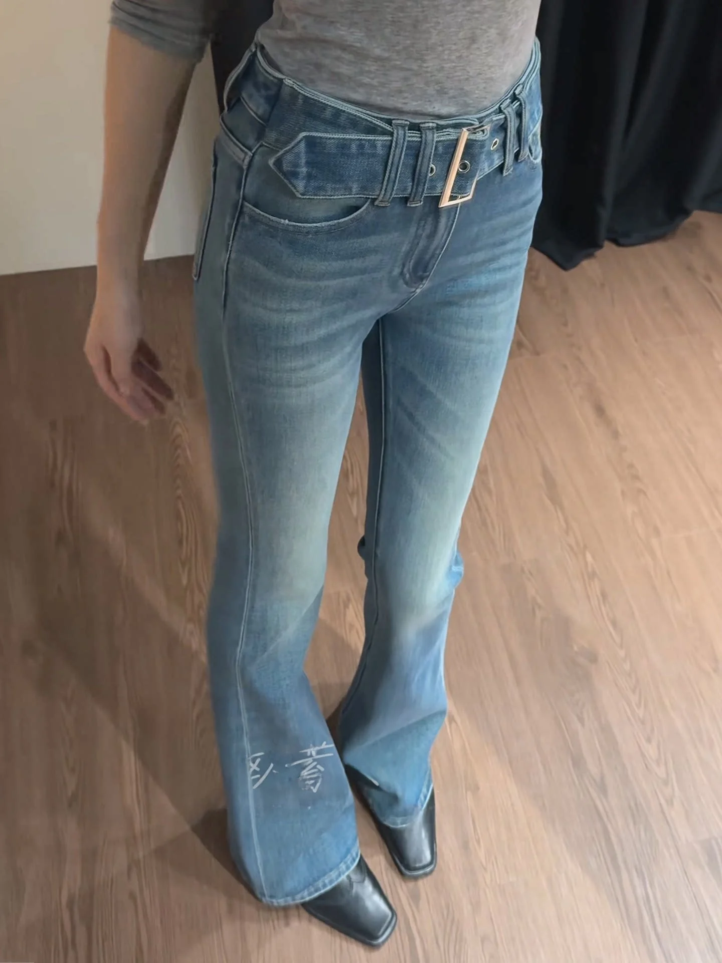 

Spring New Vintage Light Blue Bell Bot High Waist Slimming Leg Lengthening Women's Jeans Cotton Stretch Denim Floor Length