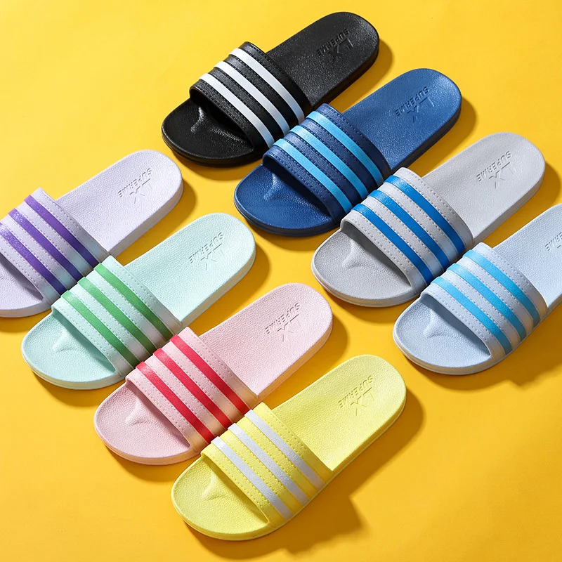 Unisex Slippers Women New Colorful Striped Slippers Men Size 36-45 Couple Beach Sandals PVC Non-slip Flat Home Bathroom Slippers