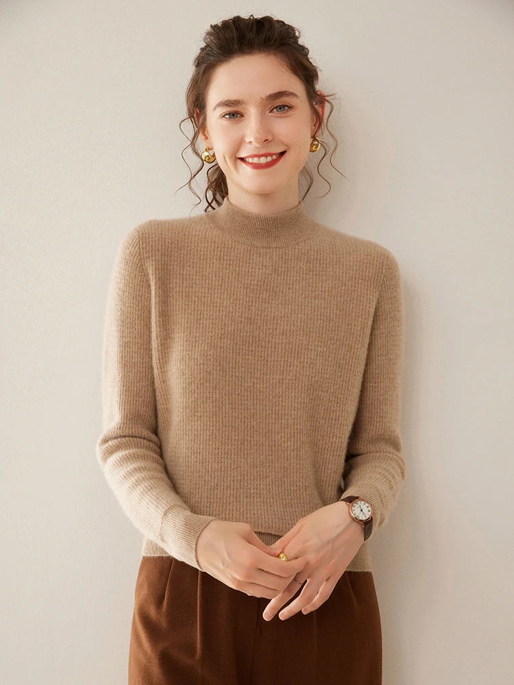 

New 100% Goat Cashmere Women Mock-neck Sweaters Autumn Winter Basic Pullovers Long Sleeve Cashmere Knitwear Female Clothing Tops