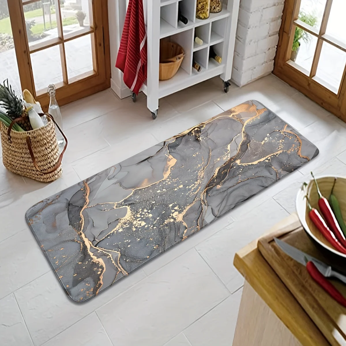 VIKAMA Abstrakter Marmorteppich, moderne geometrische Goldlinien, Fußmatte, Küchenteppich, Teppich für Schlafzimmer, Teppich für Wohnzimmer, Heimdekoration