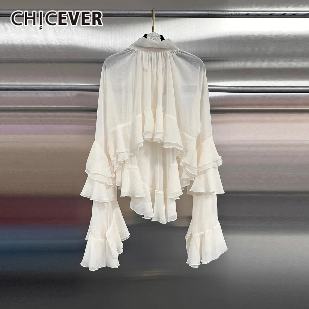 

CHICEVER Solid Beach Patchwork Irregular Ruffles Blouses for Women High Neck Flare Sleeve Temperament Loose Sheer Shirts Female