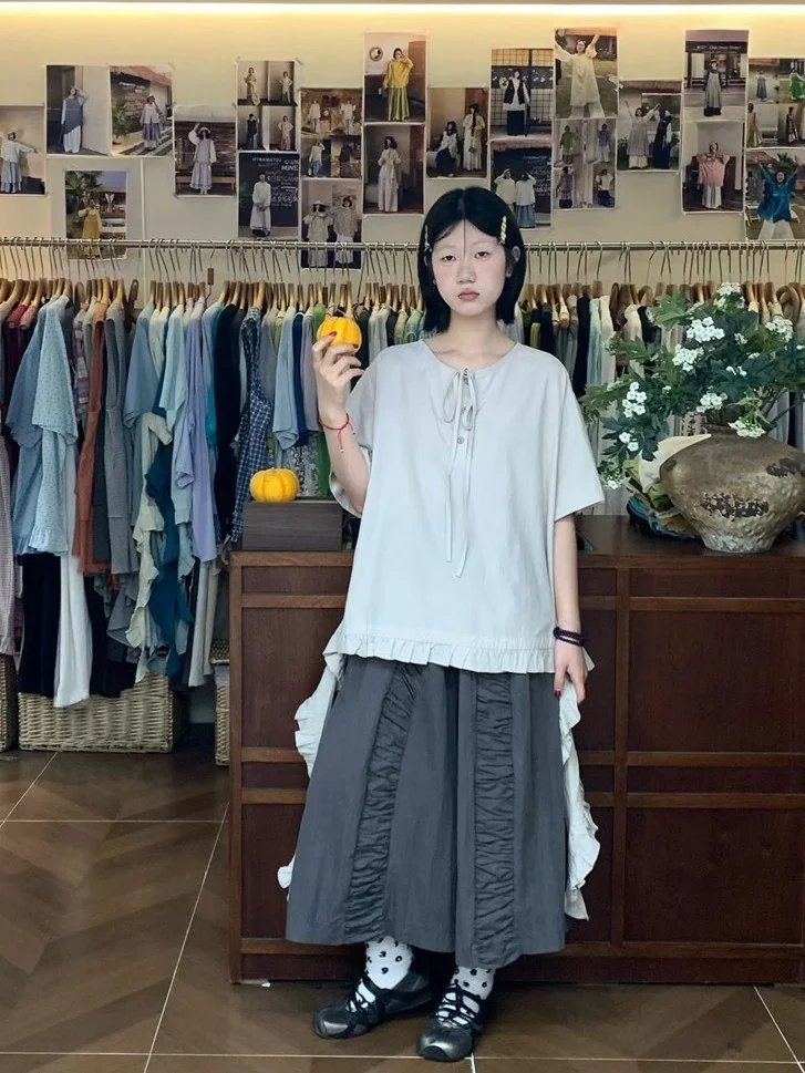 

Jiuhe Design Sense Asymmetrical Sash Short Sleeve Women's Shirt Summer Vintage Loose Versatile Anti-aging Top Korean Style