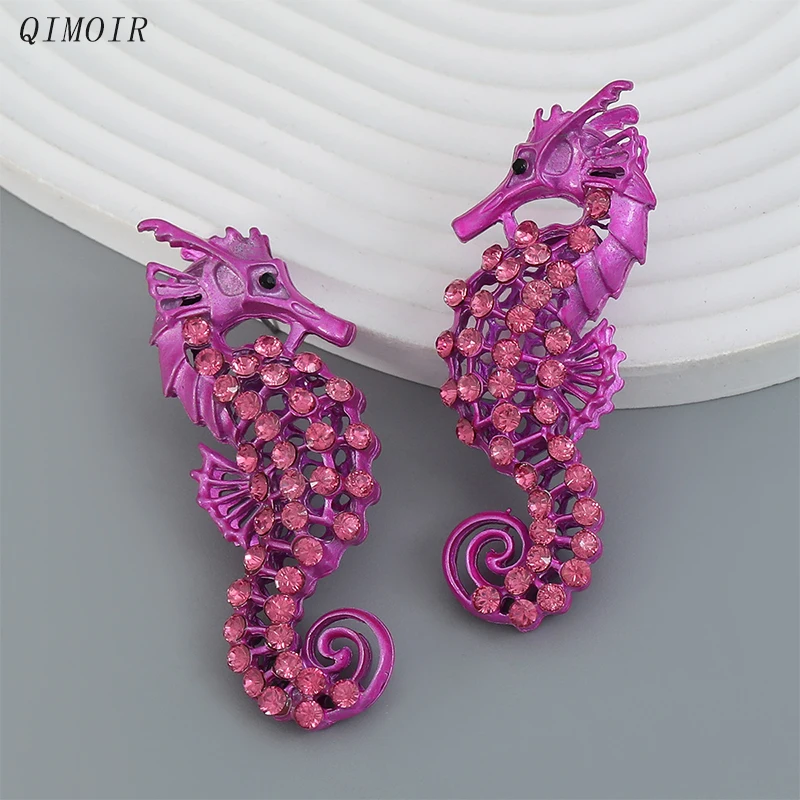 Heavy Metal Colorful Sea Horse Post Earrings For Women Fashion Jewelry Glass Stones Trendy New Designs Fancy Accessories C1358