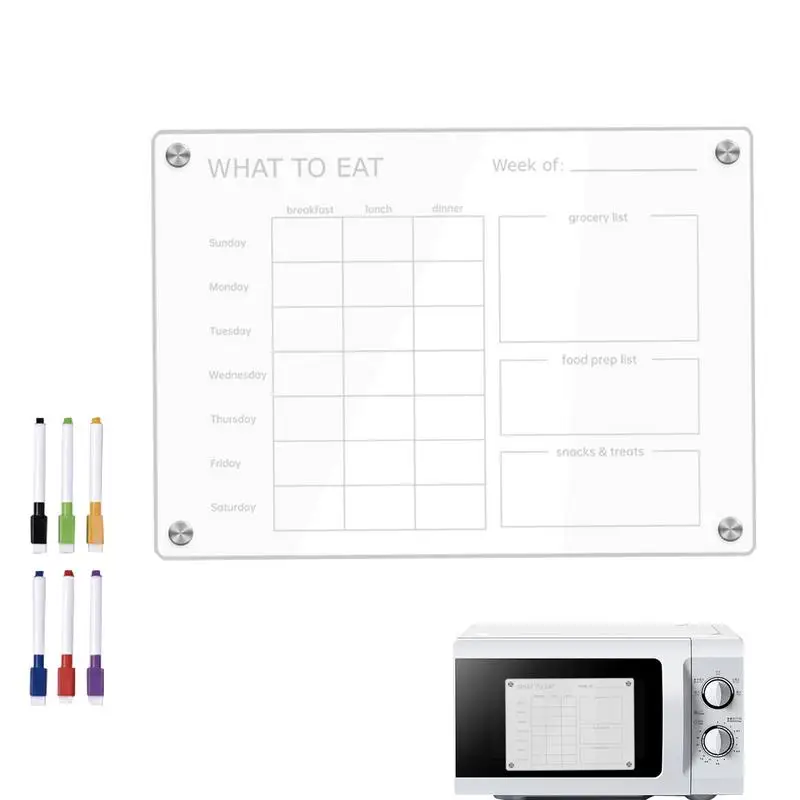 เครื่องวางแผนมื้ออาหารแบบแม่เหล็กสำหรับตู้เย็นแผนเตรียมอาหารรายสัปดาห์แผ่นอะคริลิกใส6 pulpen warna warni ที่สามารถลบได้และร้านขายของชำ