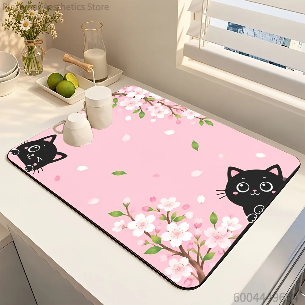 Coffee Cup Black Cat Cherry Blossom Vintage Floral Puppy Print Super Absorbent Drying Mat, Waterproof Kitchen Counter Drain Pad