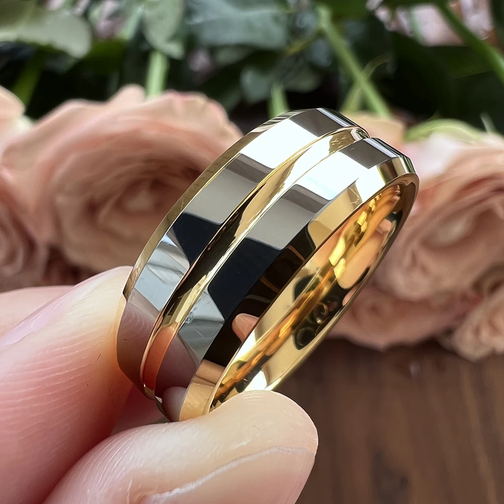 6 mm 8 mm Wolfram-Ring für Damen und Herren, Verlobung, edler Schmuck, Ehering in der Mitte, gerillt, abgeschrägte Kanten, poliert, glänzend, bequeme Passform – Detail 3
