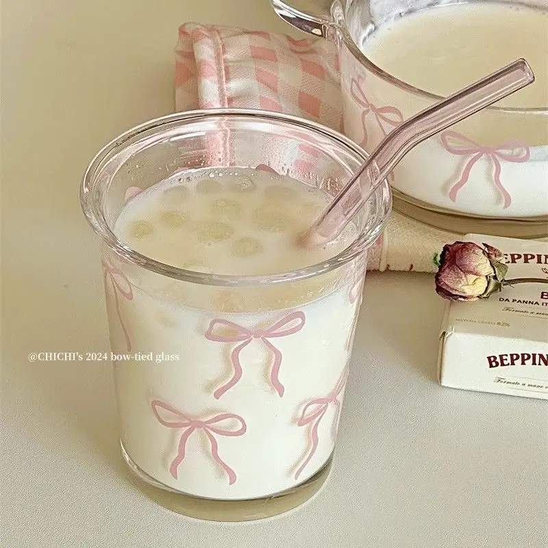 

Bowknot Glass Cup Heat Resistant Straw Mug Cold Hot Coffee Juice Wine Milk Drinking Glasses Ice Cream Dessert Cup Tumbler Gift