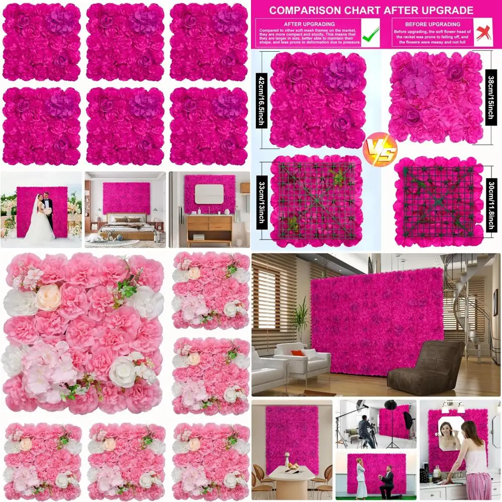 

6-Piece Artificial Flower Wall Panel Set, 16.5x16.5 Inch, Silky Rose Decor for Weddings and Celebrations