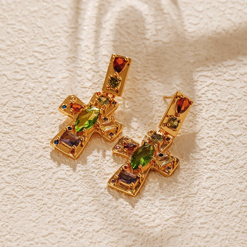 

New 2024 Cross Element Set Color Zircon Long Style Earrings Silver Needle 18K Gold Plated Trending Jewelry For Everyday Wear
