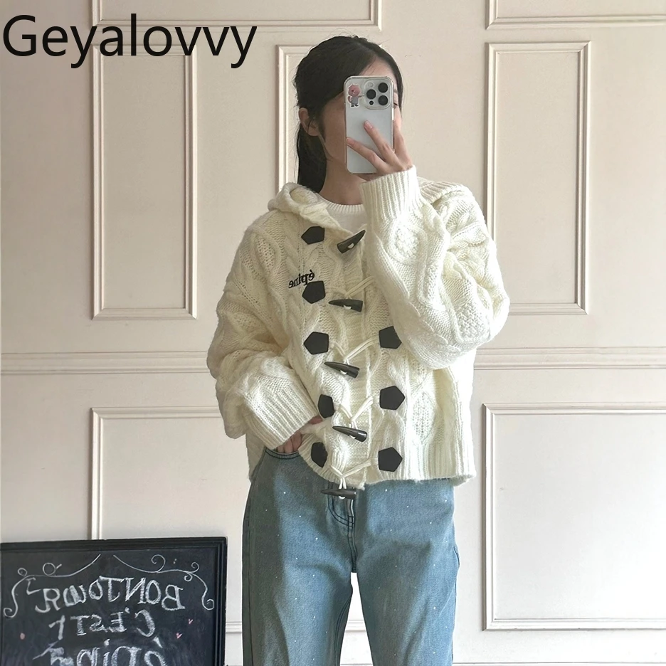 Japanese Style Thick Knit Cable Oversize Hooded Sweater Jacket Casual Horn Button Long Sleeve Women's Sweet Knitted Cardigan