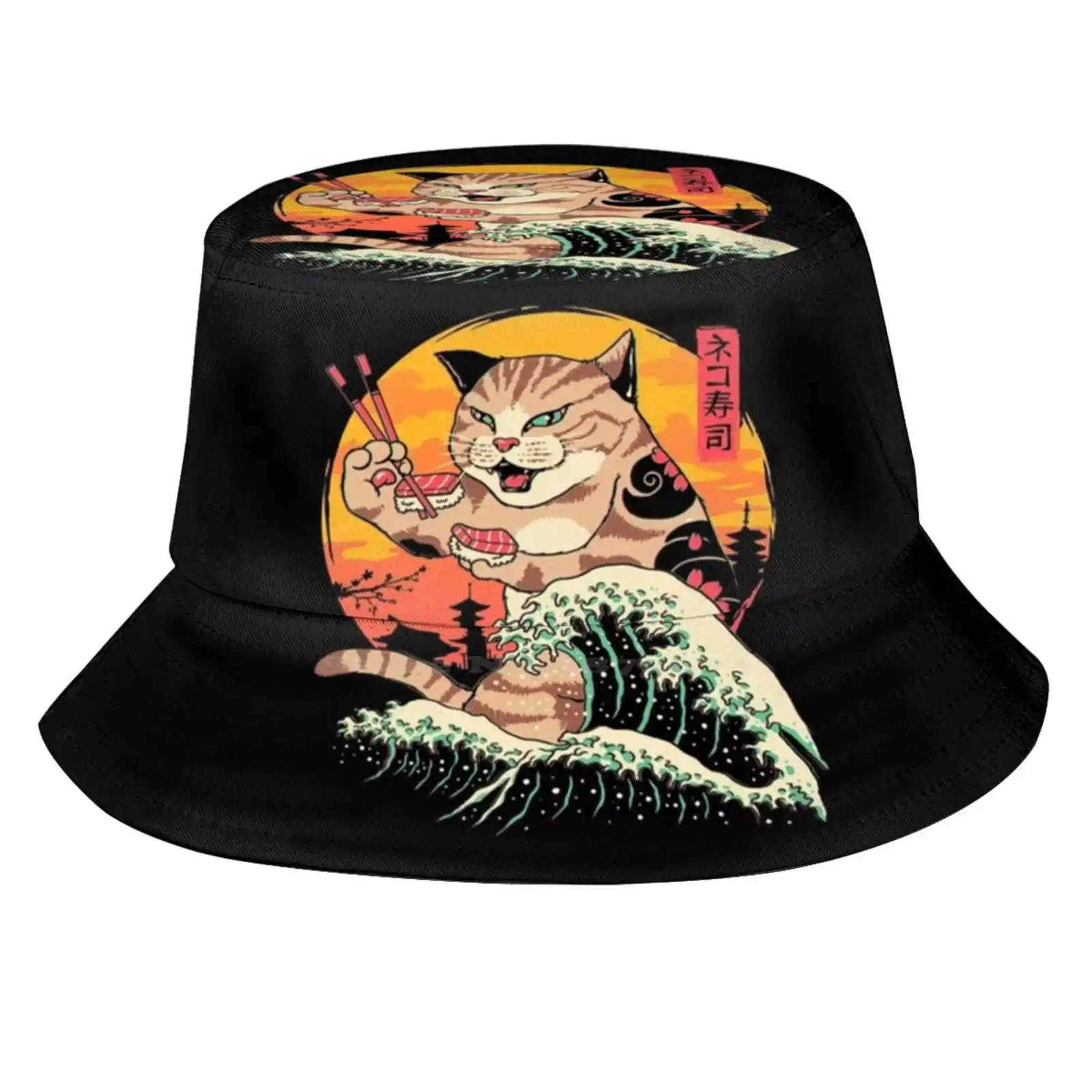 Neko Sushi Wave Sun Cap Fisherman Hat Bucket Hats Cats Animals Kitty Cat Kitten Sushis Japanese Food Retrowave The Great Wave