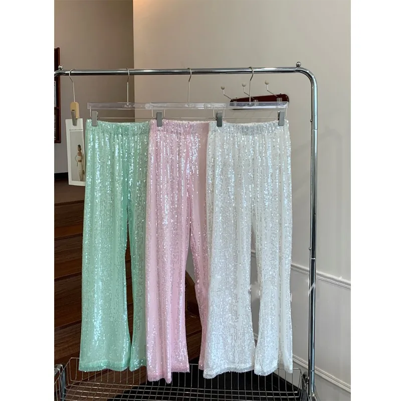

Women's Spring Summer Candy Color Sequined Wide Leg Straight Pants Lady Elastic Waist Loose Full Length Pants