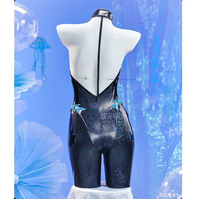Jumpsuit Kulit Seksi Elastis dengan Headwear, Kostum Pesta Karnaval Halloween, Pakaian Anime Nikke Little Mermaid Cosplay untuk Wanita
