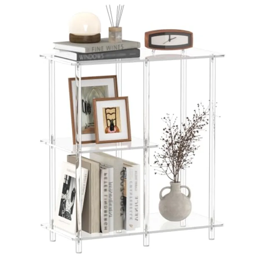 Acrylic 3Cube Bookshelf for Small Spaces 11.6 D x 23.6 W x 26.5 H Clear Short Bookcase Modern 3Tier Open Book Shelf for Living