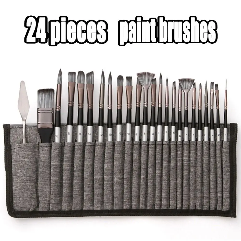 24pcs/set Wooden Handles Acrylic Paint Brushes Set Nylon Hair with Cloth Roll Case Oil Painting Brush Scrubbing Scraper Durable