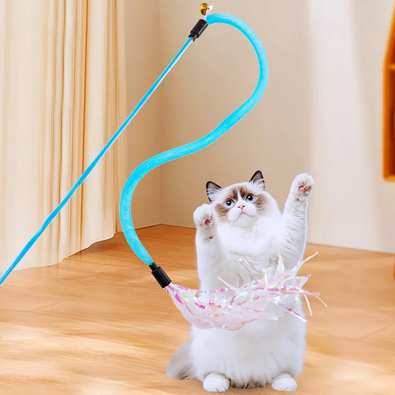 Cat Toy Feather Cats Teaser Tassel Stick Interactive Cat Toy with Bell Elastic Net Sticks Toys for Cats Teasing Pet Products