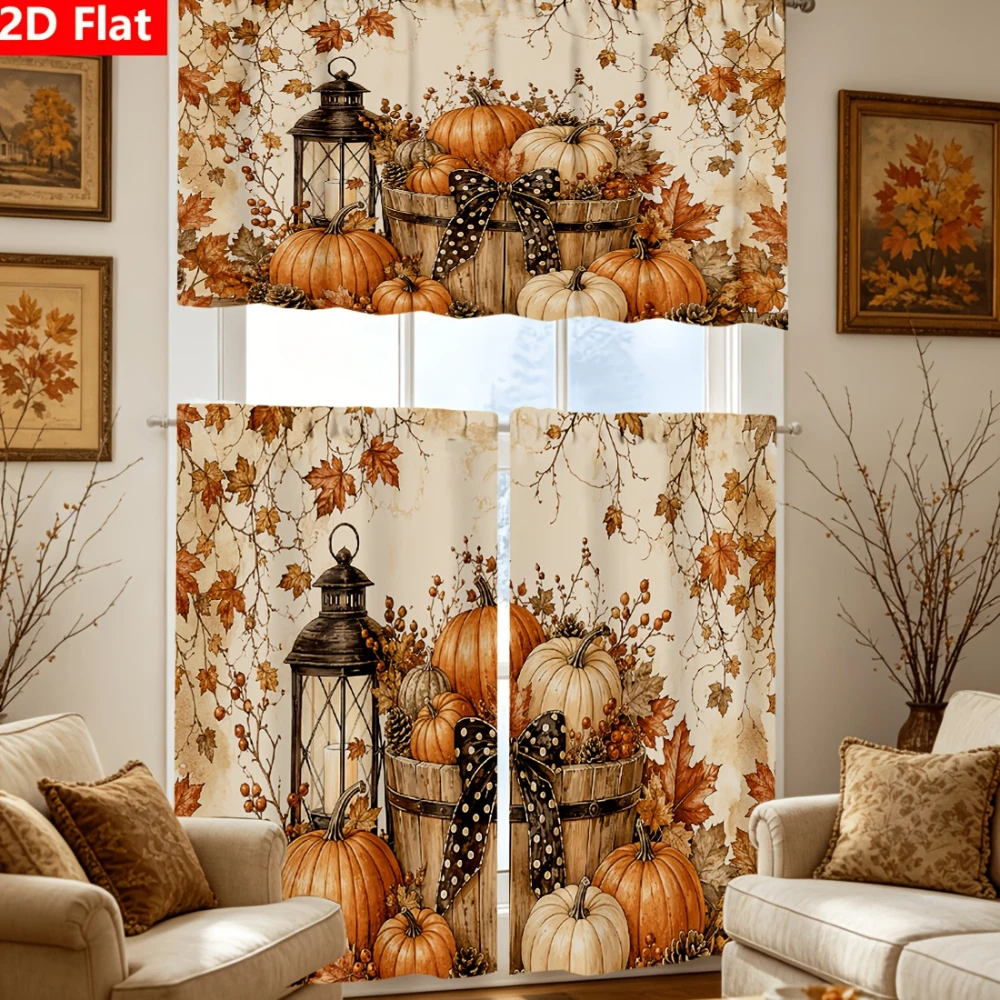 2D flat curtain set, Thanksgiving harvest pumpkin lantern curtains, short curtains for kitchen window decoration