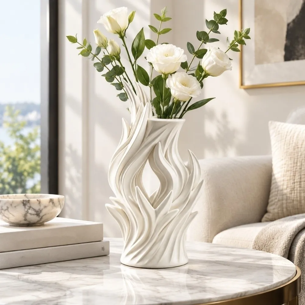 Modern Art 3D Printed Irregular Vase Hollow Out Minimalist Artistic Flame Vase Twisted Wave Flower Container Entrance