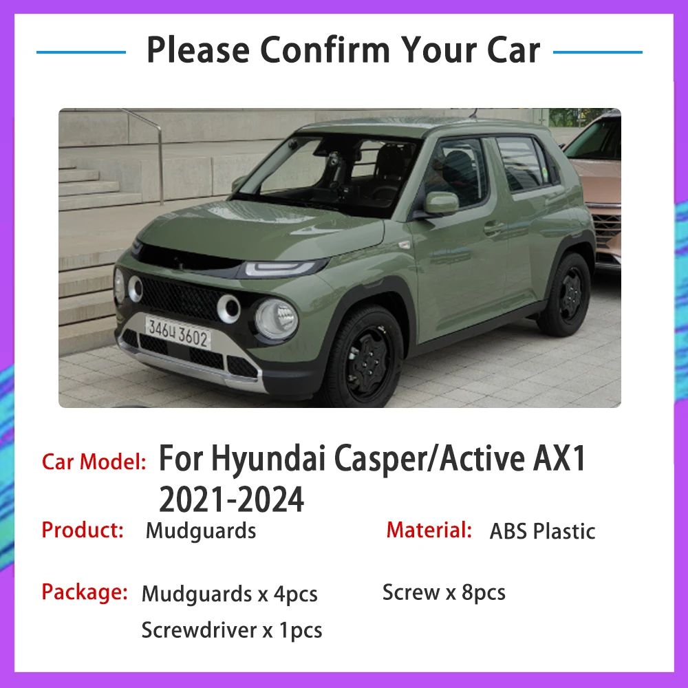 

Auto Mudguards For Hyundai Casper Accessories Parts Active AX1 2021 2022 2023 2024 Mudflaps Front Rear Wheel Splash Guards Tools