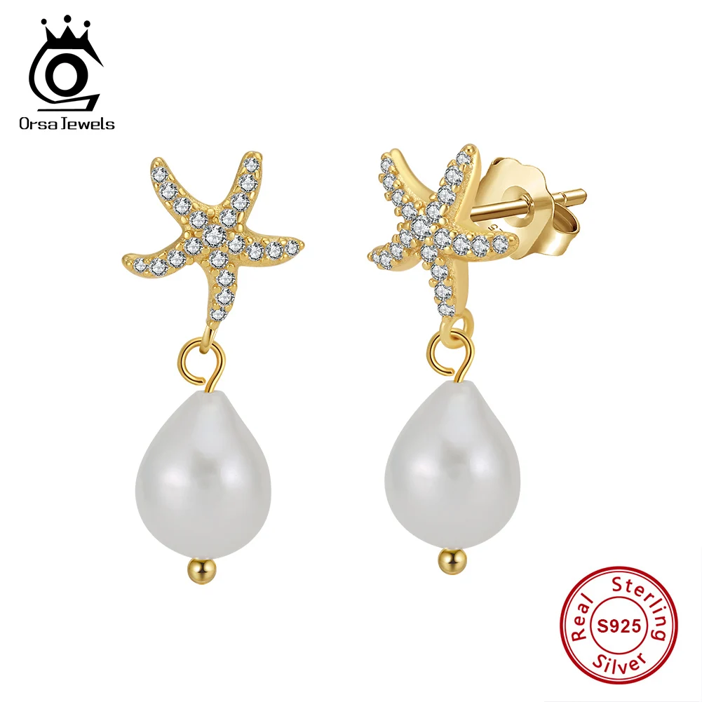 

ORSA JEWELS Классические серьги-подвески из серебра 925 пробы с цирконом и морской звездой с натуральным жемчугом, новые серьги-подвески в форме звезды, ожерелье GPE119