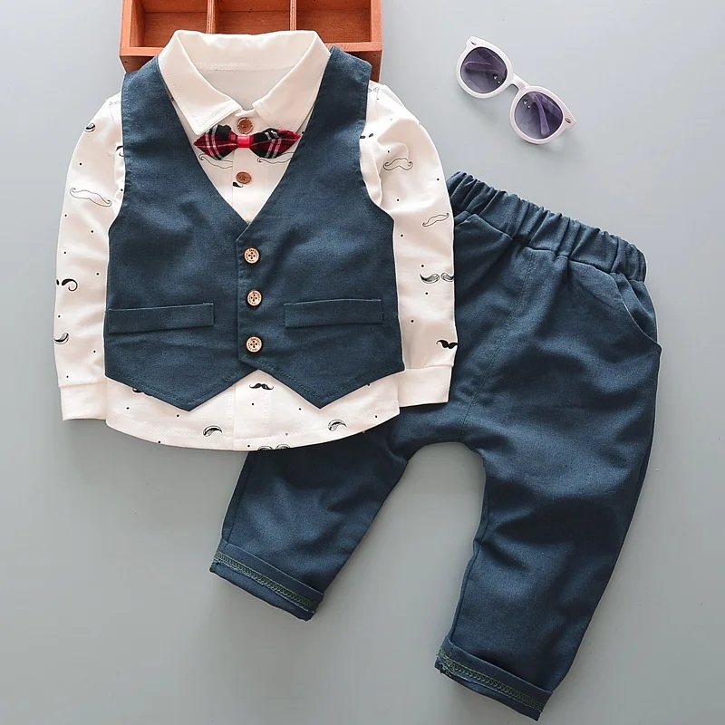 

2025 Baby Boy Clothing Suit Spring and Autumn Baby Solid Color V-neck Vest Vest+casual Leggings+bow Printed Shirt 3cps Suit
