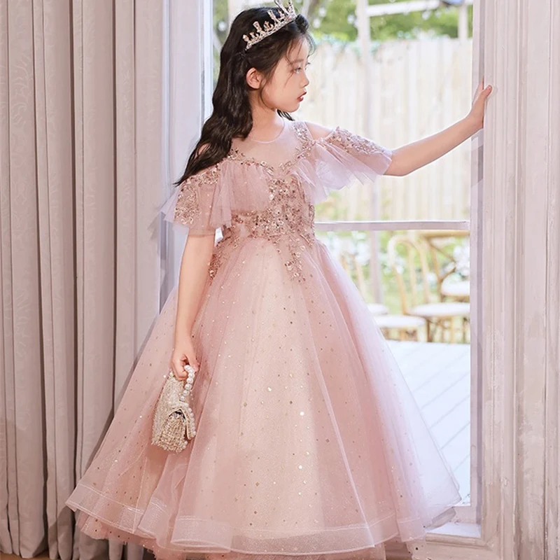 Flower Boy New Dress High end Luxury Sequins Party Dress Wedding Party Girl Party Prom Formal Host Piano Performance Dress