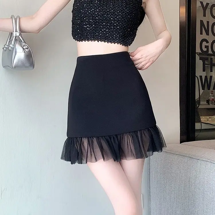 

Summer Korean Stitching A-line Suit Skirt with Mesh, Versatile Elegant High-waisted Black Skirt