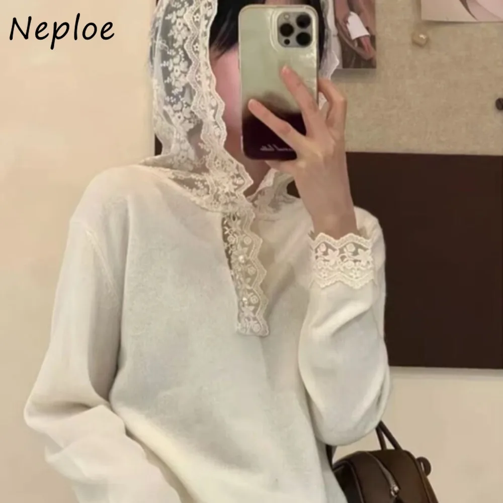 Neploe Sweet Slim Lace Hooded French Style Undershirt Loose Patchwork Sexy Pullover Wool Jumper Girl Elegant Knit New Sweaters