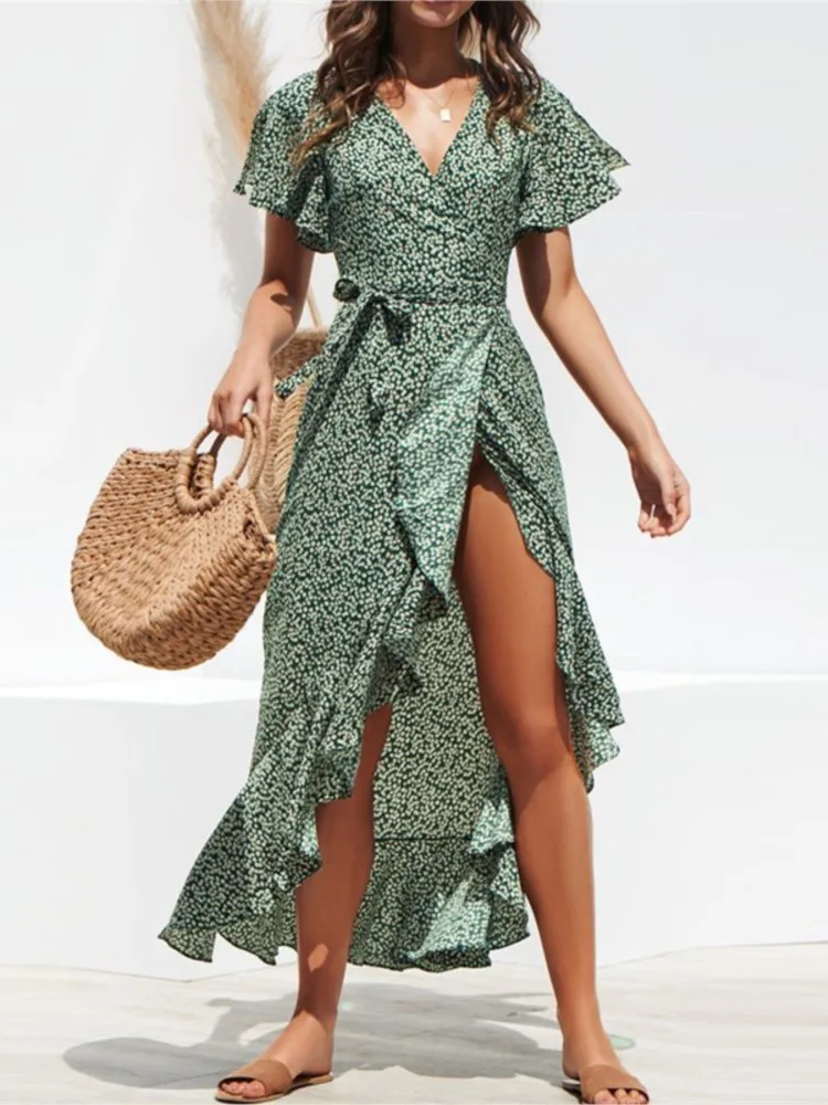 Women's Dress Solid Color Floral Ruffle Short Sleeve High Slit Lace Up Robe Summer Casual Vacation Beach Party Fashion Vestidos