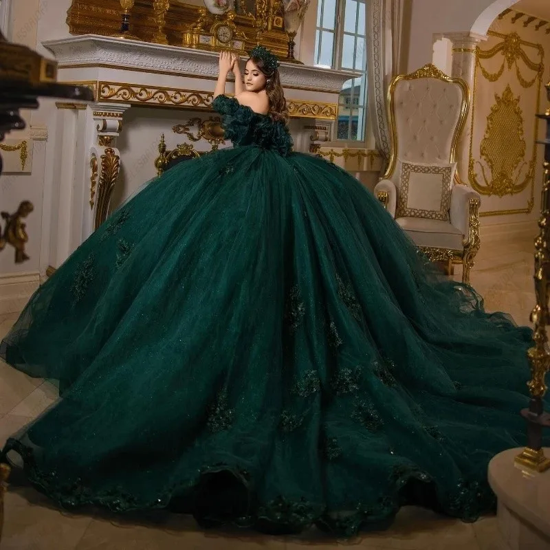 Blackish Green Ball Gown Luxury Off Shoulder Applique Flower Beads Short Sleeve Quinceanera Dresses Customized Sweet 16 Dress