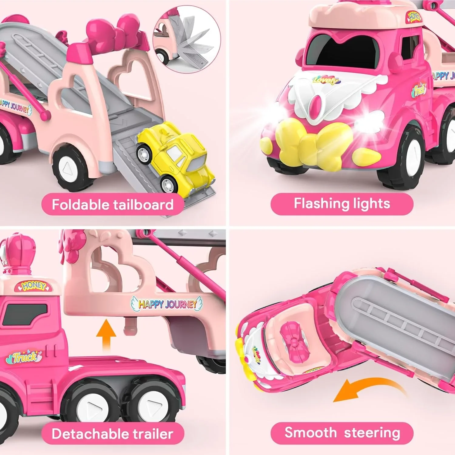 Carrier Car Toy Set with Lights & Sounds Pink Toy for Girl Toddler Kid Friction Powered Double Layer Transport Truck Gift