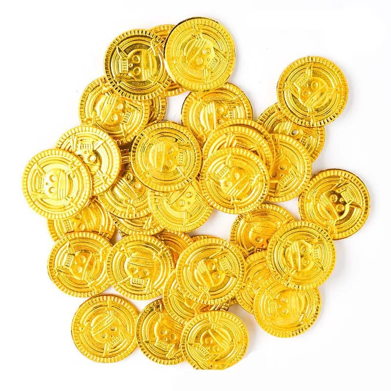 50pcs Plastic Pirate Gold coin Treasure Coins Halloween Kids Birthday Party Decoration Fake Coins Treasure Hunt Game Toys Props