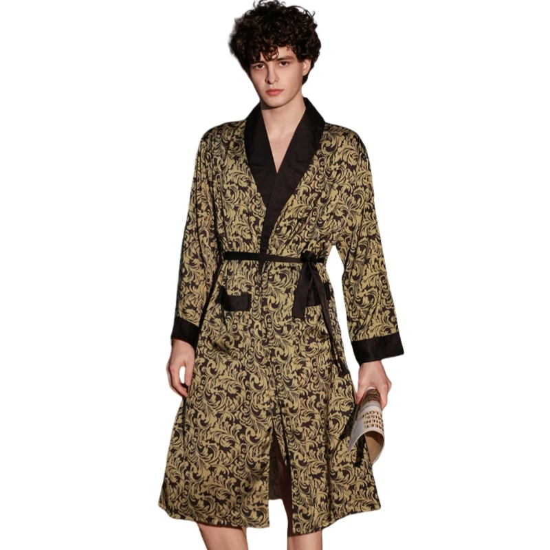 

Euro US XL Fits 100KG New Design Print Navy Blue Men Silk Robes Male Senior Satin Sleepwear Long Robe Set Long Sleeves Nightgown