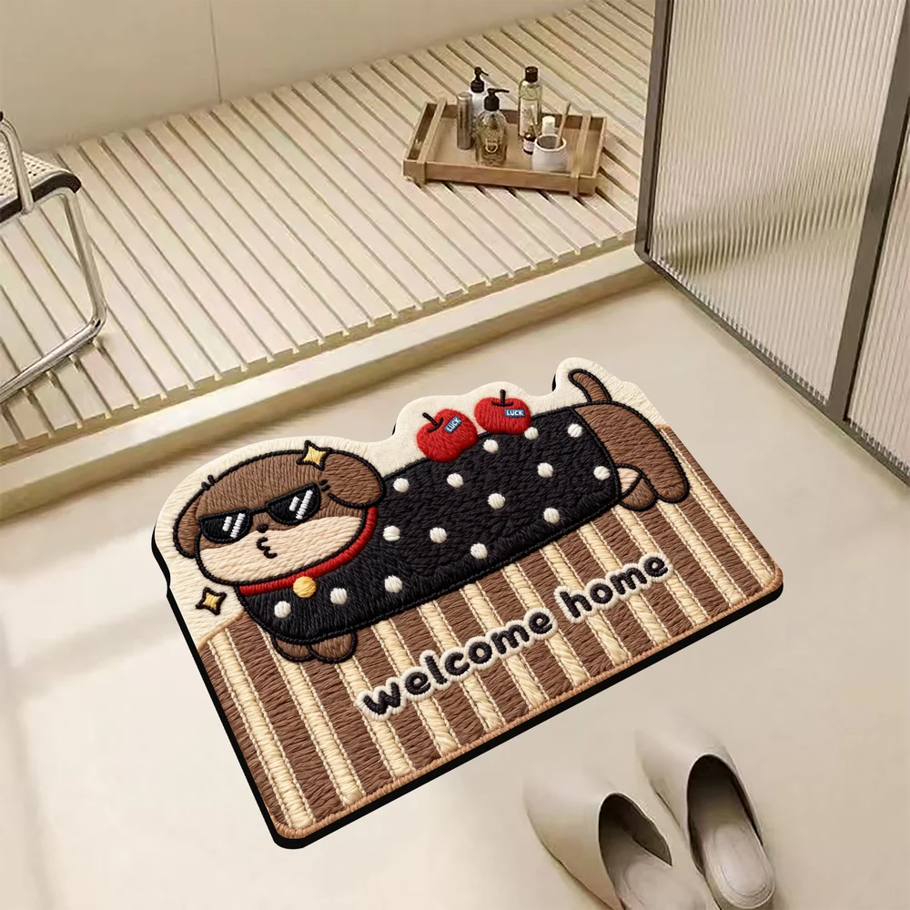 VIKAMA Cartoon Sausage Dog Doormat Soft Tufted Non Slip Bath Mat for Bathroom Kitchen Entryway Decor