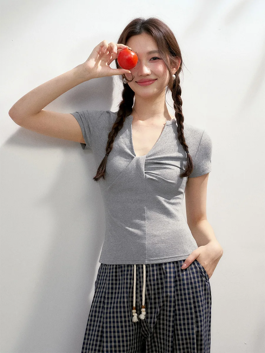 

6DEWS Lace Splice Knot ort Sve T-irt Women's Slim Fit Top Korean Sle Cotton Polyester Blend Summer V-Ne ort Length