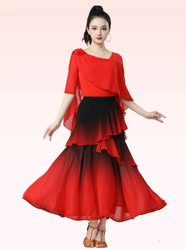 new-gradient-half-skirt-with-3d-flower-sashes-slimming-dancewear-for-latin-dancing-square-dancing-women's-sportswear-fitness