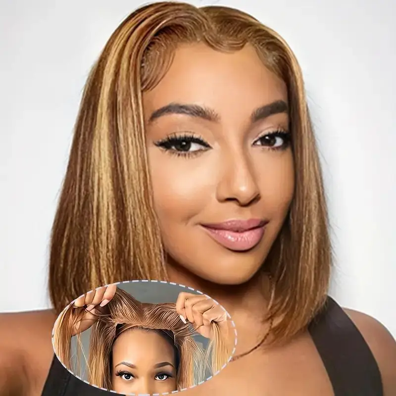 

Wear and GO Glueless Highlight P4/27 Bob Wig Human Hair Straight 4x4 Lace Front Wigs Short Wigs For Women Ombre Honey Blonde