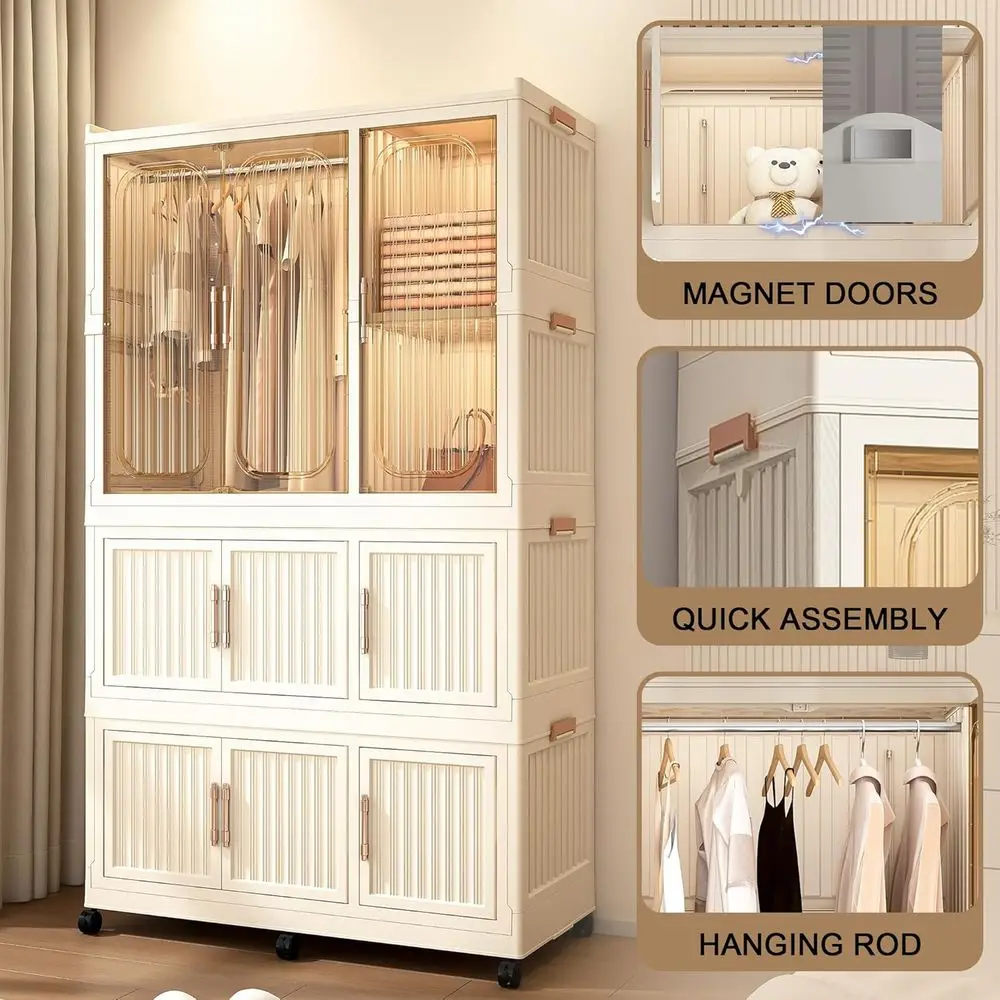 Compact Portable Wardrobe with Cubby Storage, Hanging Rod, Easy Assembly, Kid-Friendly Closet Organizer