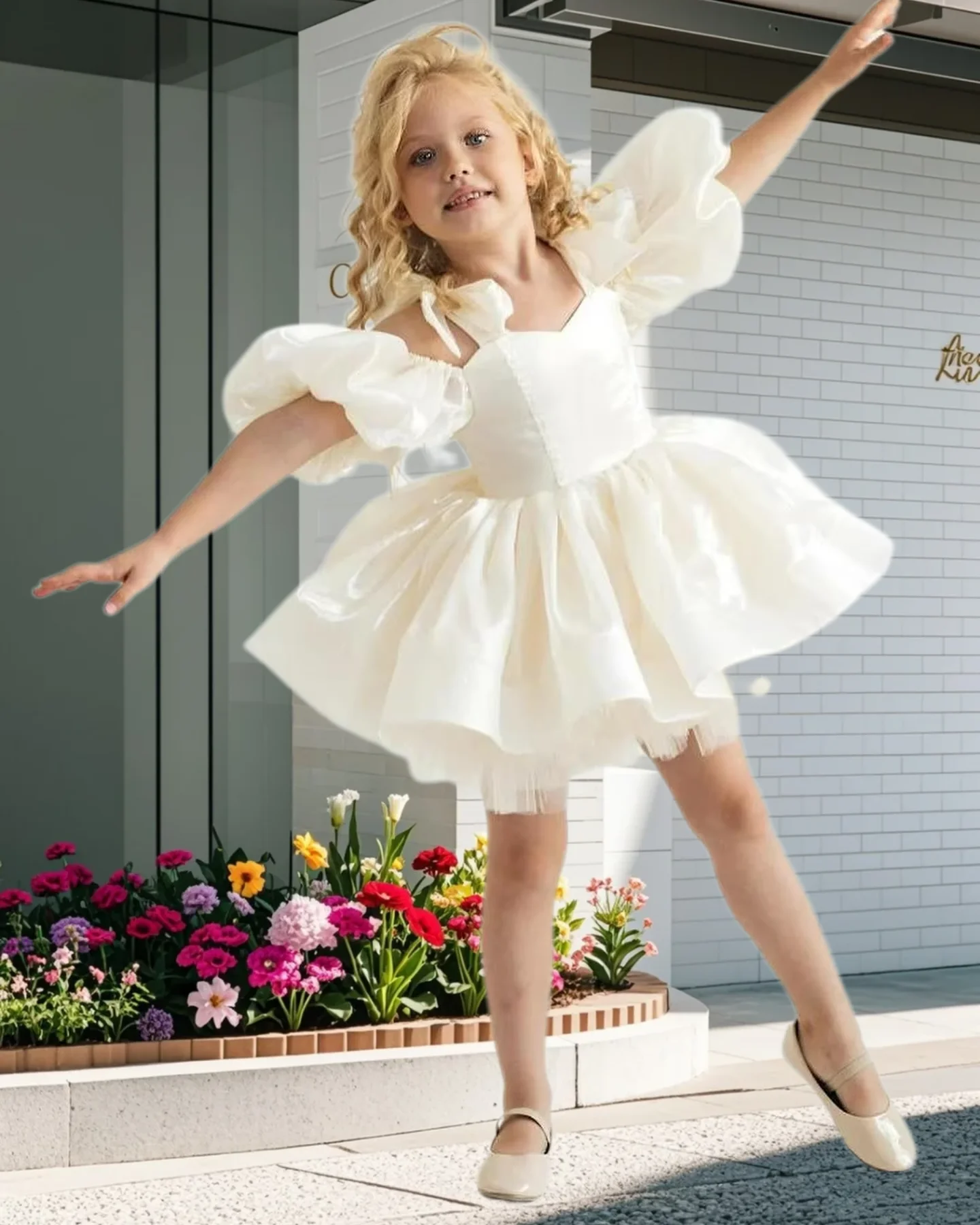 Elegancka, szyta na miarę sukienka dla dziewczynki do sypania kwiatów na wesele, satynowa, do kolan, księżniczka, na przyjęcie urodzinowe, Pierwszą Komunię Świętą, suknia balowa.