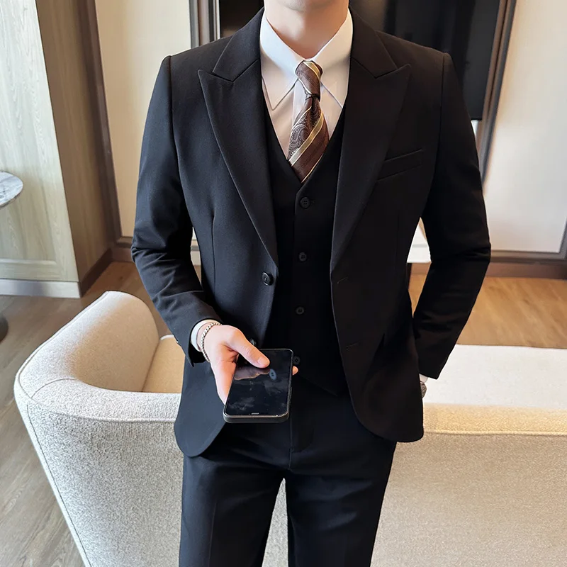 

(Jackets+Vest+Pants) Men's High-quality Business Suits Male Slim Fit Groom's Wedding Dress Men's Solid Color Tuxedo Man Blazers